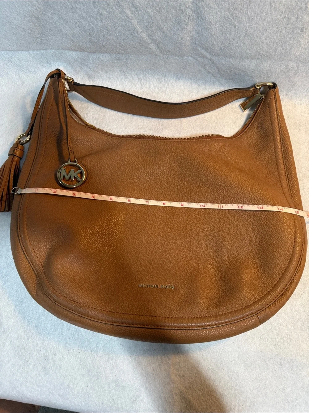 Michael Kors Tan Leather Hobo with Gold MK Charm